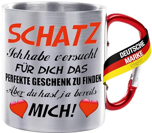 CreaLuxe Edelstahltasse mit Karabiner - Schatz- ich habe versucht für dich - 330ml, Tasse bedruckt, Kaffeetasse, Bürotasse, Metalltasse mit Name