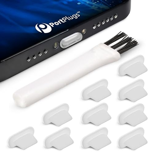 PortPlugs Dust Plugs Compatible with Lightning for iPhone 14, 13, 12, 11, XS, XR, X, 8, 7, Pro/Max & AirPods (3rd, 2nd, 1st Gen) – Charger Port Covers with Cleaning Brush | Clear (10-Pack)