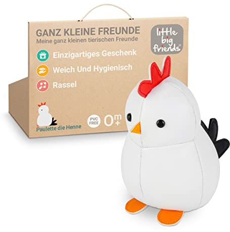 Little Big Friends Tiny Friends – Weiche Baby-Rassel | Tragbares Sensorikspielzeug für unterwegs | Waschbar & Ideal für Kinderwagen | Paulette das Huhn