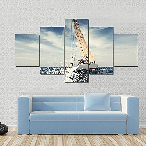 Bild auf Leinwand - Leinwandbilder Segelschiff Yachten mit weißen Segeln Wandkunst Malerei Leinwand Kunstwerk Dekoration Bild fertig auf Keilrahmen !