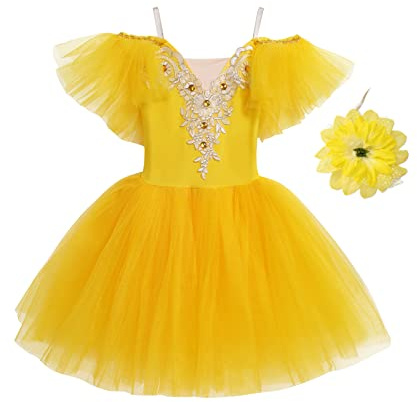 IMEKIS Abito da Classica Danza per Ragazze di Fiori con Maniche a Balze Body da Ginnastica Ricamato Gonna Tutu Costume da Ballo Principessa Balletto Ballerina Dancewear