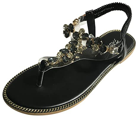 Woaikeyu Damen-Sandalen, flache Schuhe, Strass, Flip-Flops, Strand, modisch, lässig, modisch, offener Zehenbereich, Slip-On-Sandalen, Schwarz, 40 EU