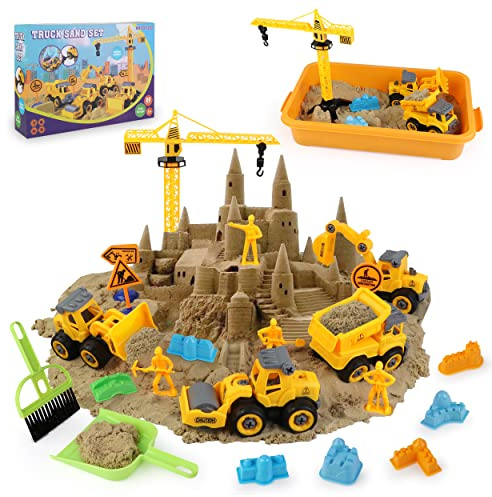 WICOTOO Sand Construction Kit,Sandbox,2.2lbs Magic Sand W/4 Take Apart Construction Trucks,Tower Crane,8 Sand Molds,4 Worker Figures,4 Road Signs,Toys for Boys Girls Age 4-8 Yellow,Brown