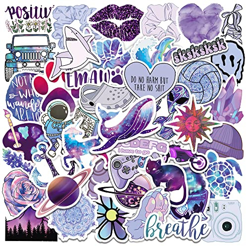50pcs Purple Stickers, Aesthetic Cute Stickers Packs for Water Bottles, Laptop, Phone, Luggage, Vinyl Waterproof VSCO Funny Purple Decals for Kids Teen Girl Adult