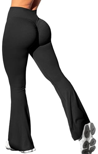 Navneet Women Flared Leggings Flare Trousers High Waisted Ruched Bums Leggings Workout Legging Crossover Yoga Pants Black L