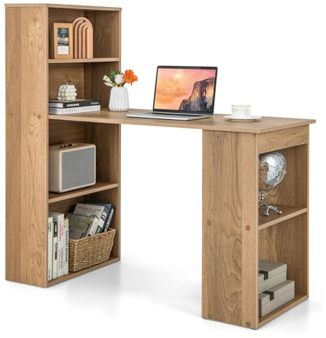SFAREST Computer Desk with Storage Shelves, 110/122cm Home Office Workstation with 4/6-Tier Bookshelf, Modern Writing and PC Laptop Study Table for Kids Teenagers Adults(Natural,122 x 52 x 120cm)