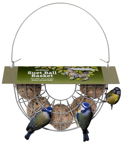 Jacobi Jayne® Suet Ball Basket – stor kapacitet rymmer 6 fettbollar för vilda fåglar – hängande fågelmatare för suet bollar – fågelmatare med stigande tak för att skydda fågelfettbollar