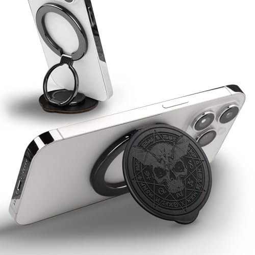 Carveit Solid Wood Design Adjustable Magnetic Phone Kickstand for MagSafe Accessories Ring Holder Stand Metal Grip Hook Compatible With iPhone 14/13/12/15 Pro Max (Bat and Skull - BlackWood)