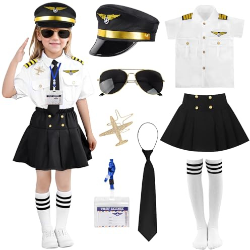 VICTERR Costume Pilota Bambino, Capitano Pilot Costume Bambini,con Aviatore,Cappello,Occhiali,Licenza di Pilota,Costumes Capitano per Bambino Bambini Halloween Carnevale Cosplay