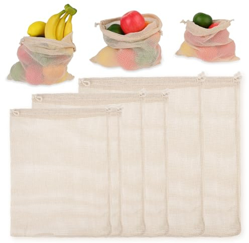 Styquenzer 6 Pack Reusable Produce Bags, Cotton Mesh Produce Bags with Drawstring Net, Washable for Veggies and Fruits, Grocery Shopping
