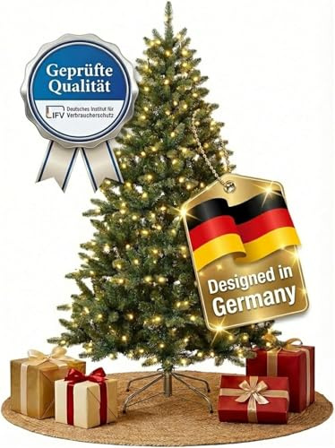 Luxus Weihnachtsbaum - Künstlich mit LED - Spritzguss Tannenbaum - Christbaum mit Standfuß-100% Voll PE- B1 Zerttifikat schwer entflammbar (210 cm)