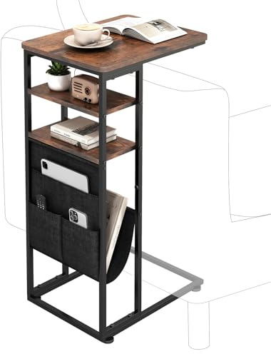 Beistelltisch C-Form, 3-Stufigem Sofatisch, Kaffeetisch mit Lagerregal, Wohnzimmertisch mit Metallgestell, für Kaffee und Laptop, Industrie-Design, für Wohnzimmer Schlafzimmer (Rustikal Braun)