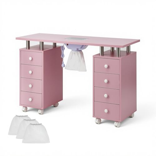 HaiYiZuhause Maniküre Tisch Nageltisch für Nail Tech Nageltisch Schönheitssalon Tech Station mit elektrischem Staubsammler Downdraft Vent, abschließbare Räder, Aufbewahrungsschubladen, Rosa