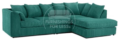 Furnishings For Less UK New Luxor Teal Soft Jumbo Cord L Shaped 5 Seater Right Hand Facing Corner Sofa Scatter Back (5 Seater Right Hand Facing)