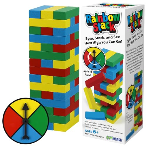 Funwares Rainbow Stack Wooden Blocks Stacking Game, Tumbling Tower & Balance Game, Family & Party Fun, Ages 6+, Color Spinner-Based Twist on Classic Stacking Games