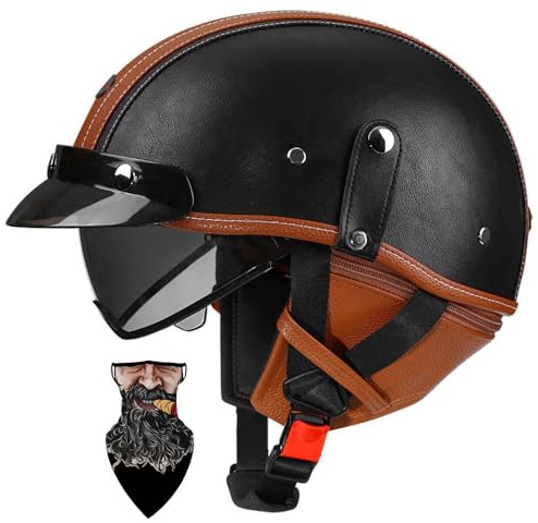 Retro Leder Halbschalenhelm ECE-zertifizierter -Design mit Hochfestem ABS PC-Visier - Abnehmbares Innenfutter, Schnellverschluss, für Chopper/Moped/Roller - HerrenDamen (L, XL59~60CM)