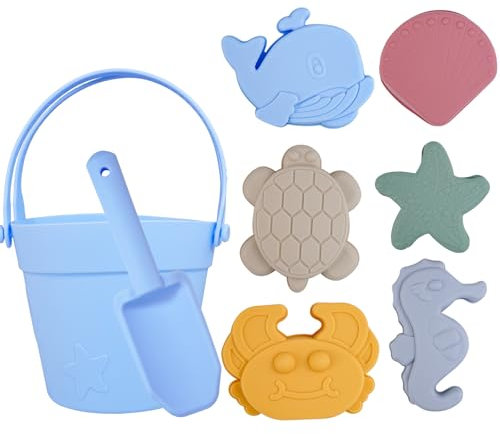 JasCherry Giochi da Spiaggia per Bambini, 8 Pezzi Set Sabbiera con Secchiello, Paletta, Formine, Giocattoli Estivi per Bambini e Bambine, Mare e Piscina(A)