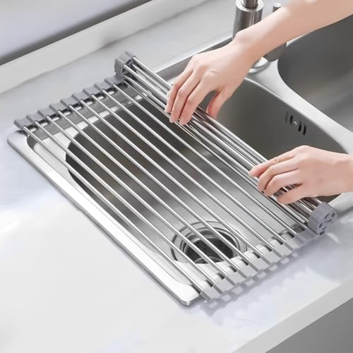 Roll Up Dish Drainer Rack, Over The Sink Dish Drying Rack Kitchen Rolling Drying Mat, Foldable and Removable Stainless Steel Dish Drying Over the Sink, Drainer Rack for Kitchen Sink Counter Storage