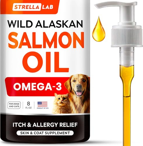 STRELLALAB Salmon Oil for Dogs & Cats - Natural Omega-3 - Skin & Coat Support - Liquid Food Supplement for Pets - Fatty Acids for Joint Function, Immune & Heart Health - 8 (fl oz) Pure Salmon