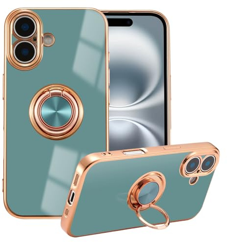 EYZUTAK Electroplated Magnetic Ring Holder Case for iPhone 17, 360 Degree Rotation Metal Anti-fall Finger Ring Kickstand Magnet Car Holder Slim Soft Silicone Shockproof Cover - Gray