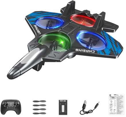 Hellery Avion Télécommandé en Mousse, Avion de Chasse RC avec Lumière, 360° Flip et Vol Stationnaire Intelligent, Modèle Léger, Cadeau pour Garçons et Hommes, Batterie Simple Bleue