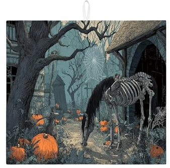 Halloween Skeleton Horse Dish Drying Mats For Kitchen Counter, Spooky Vintage Absorbent Dish Drainer Rack Mat, Microfiber Drying Pad For Coffee Bar 16x18 Inch