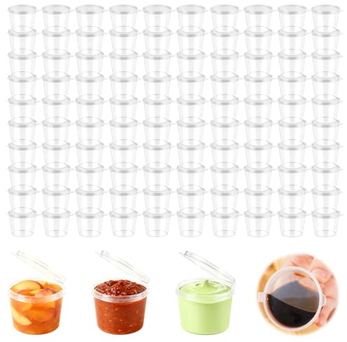 100 Stück Kleine Lebensmittelbehälter Plastikbecher mit Deckel, Runden 1oz | SoßEnbehälter Transparente, 25ml Aufbewahrungsdosen mit Deckel für Saucen, Dips, Gewürze, Ketchup (Mikrowellengeeignet)