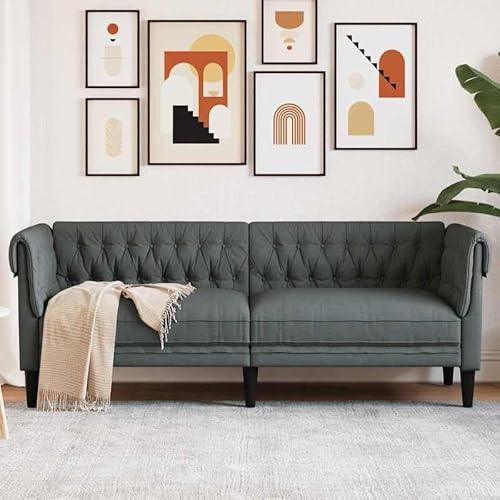 Bladez Sofá Chesterfield de 3 plazas gris oscuro de tela (100% poliéster) con madera contrachapada y madera maciza, elegante sofá de salón para una decoración elegante