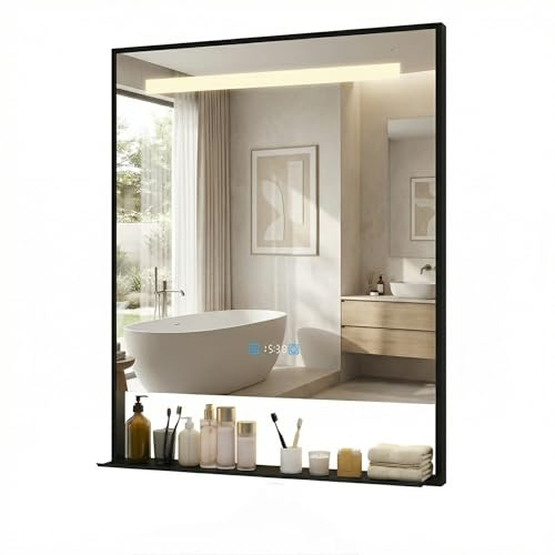 YU YUSING Badspiegel mit Beleuchtung 60x80cm, Badezimmerspiegel mit Ablage | Wandspiegel LED mit Aluminiumrahmen, Touch-Schalter, 3 Einstellbare Lichtfarben, Anti-Beschlag, Wasserdicht