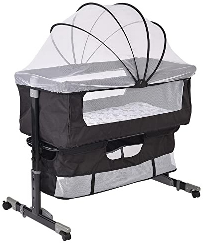 homewell 2 in 1 Beistellbett Baby & Babywiege mit Aufbewahrungskorb und Moskitonetz, Stubenwagen Baby für Zuhause und Unterwegs, Höhenverstellung und Neigungsverstellung (Schwarz)