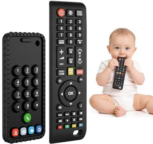 DiULi Baby bitring, 2 st silikon matbitring, bitringar fjärrkontroll, styr babyleksaker, BPA-fri och ingen elektronik, tandpinnar presenter, tandvård lindring