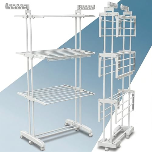 PORTENTUM Tendedero Vertical Plegable con 4 Niveles y 24 Barras de Secado – hasta 40 kg – Tenderete con 2 Accesorios para Calcetines y 2 alas Laterales para Perchas – Ruedas giratorias con Freno