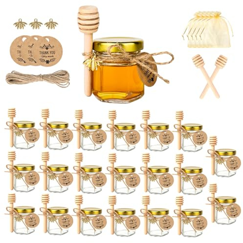 Hbzunt 20 tarros pequeños de miel de 45 ml, tarros de miel hexagonales con cuchara de miel, bolsas de regalo doradas, regalos de miel para baby shower, bodas y fiestas