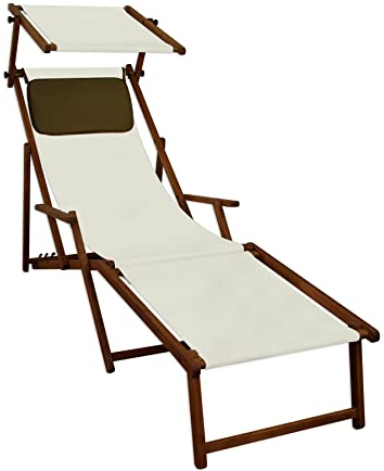 Sonnenliege weiß Liegestuhl Fußteil Sonnendach Kissen Holz Deckchair Gartenmöbel 10-303 F S KD