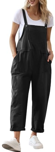 YESNO Women Long Casual Loose Bib Pants Overalls Baggy Rompers Jumpsuits with Pockets (L PV9 Black)