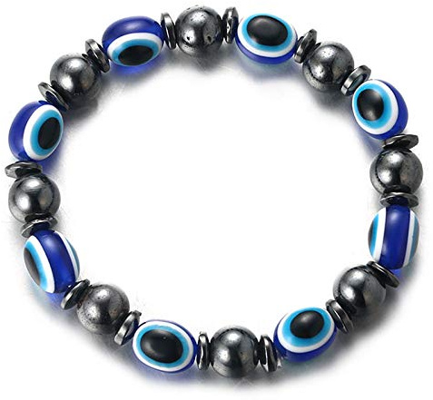 HALUKAKAH ● Malocchio ● Bracciale con Perline Protezione Kabbalah Braccialetto Elasticizzato Fatto a Mano in Ematite per Uomini Donne Occhio Blu Navy,con Confezione Regalo Gratuita