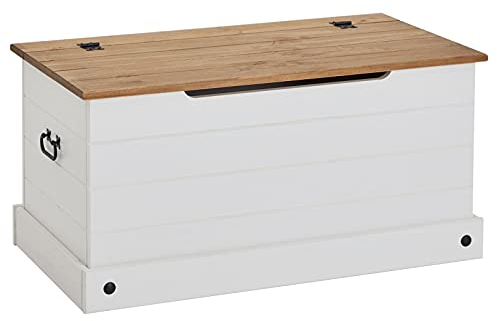 CARO-Möbel Holztruhe Campo, Aufbewahrungstruhe im Mexiko Landhausstil, Garderobenbank aus massiver Kiefer in weiß/braun