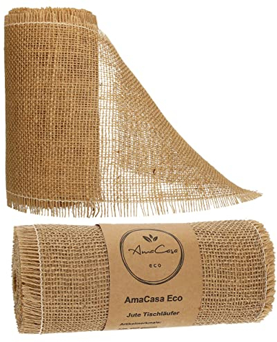 AmaCasa Eco Jute Tischläufer 20cm breit, 10m Rolle | gestärkte Jute mit kompostierbarem Etikett | Tischband Rustikal für Tischdeko Hochzeit, Kommunion und Taufe (Natur Stiff, 20cm x 10m)