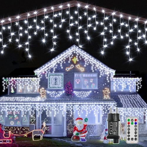 Ollny Eisregen Lichterkette Außen 15M, 600 LED Lichterkette Außen weiß mit Fernbedienung, 8 Leuchtmodi Wasserdicht Weihnachtsbeleuchtung Außen für Balkon Fenster Haus Pavillon Terrasse Weihnachtsdeko