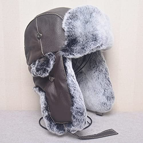 DEPAJA Russische Mütze Männer Ushanka Kunstpelz Bombermützen Winter Flieger Russischer Mann Warmer Leder Trapperhut Männlich Kunstpelzmützen,Braun,57-58Cm