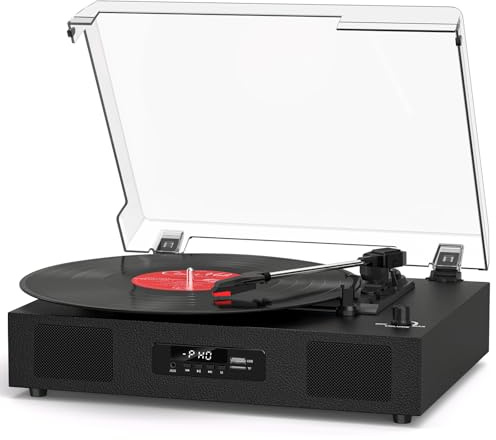 TANLANIN Vinylskivspelare skivspelare med inbyggda stereohögtalare, vintage 3-växlad skivspelare för vinylskivor USB SD-inspelning med Bluetooth-musikuppspelning, RCA-utgång och digital skärm, svart