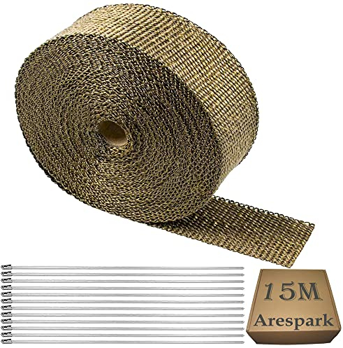 Benda Termica Moto 15M, Arespark Nastro Termico Isolante, D'oro Bende Termiche Moto Fatto di Fibre di Basalto con 12 Fascette Metalliche, per Collettori di Scarico Moto e Auto