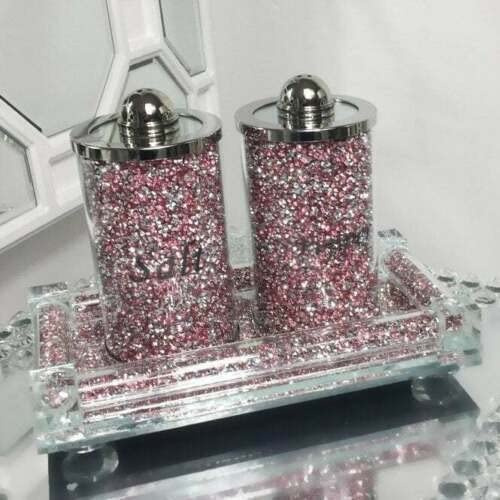 Biznest Set of 3 Pink Diamond Crushed Salt & Pepper Canisters Jars with Tray Storage Pink & Silver Crystal Display Gift Present for All Occassion Home Decor