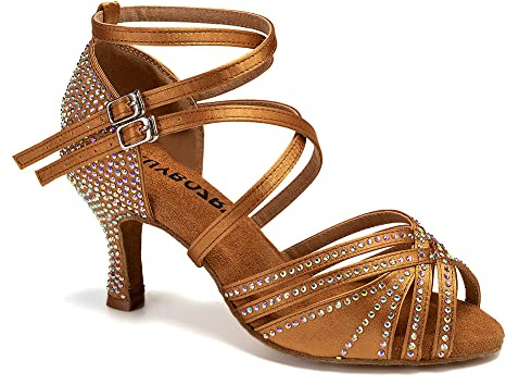 RUYBOZRY Scarpe da Ballo Latino Americano Donna in Raso con Strass Punta Aperta Salsa Bachata Scarpe Ballo da Sala,YC-D27-Suola in Scamosciata-7.5,Bronzo,EU 40