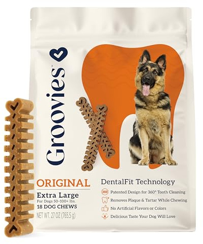 Groovies Flexible, Built to Last Dog Dental Chews, Contact-Cleaning Design Supporting Tartar Control & Fresh Breath, Oral Care Treats, USA Manufactured, Patented DentalFit Tech, XLarge Dogs, 18 Chews