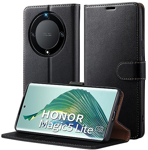Focusor para Funda Honor Magic 5 Lite 5G Cuero Carcasa, Soporte Plegable Ranura para Tarjeta Protectora Premium Bolsa de Billetera Cierre Magnético Antigolpes PU Case Honor Magic 5 Lite 5G, Negro