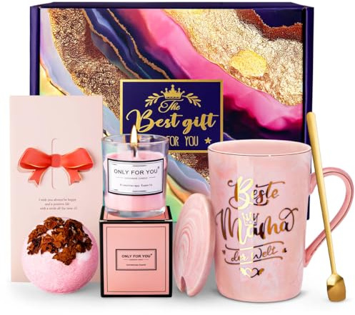 Geburtstagsgeschenk Geschenke für Mama, 14 Oz Kaffeetasse Mama Geschenk Set | 7pcs mit Duftkerze, Rose Badebomben, Grußkarte, Deckel, Löffel, Schöne Geschenkbox, Mutter Geschenk Set, Hochwertige Keramik