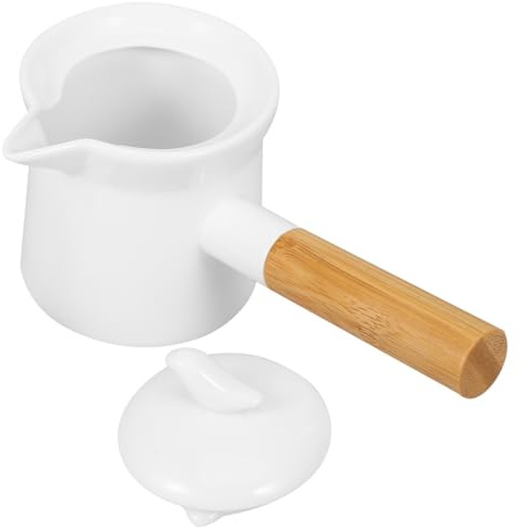 BESTonZON Ceramic Milk Warmer Pot 350ml Enamel Pan Non-stick Saucepan With Lid Porcelain Coffee Pot Food Bowl Butter Warmer With Wooden Handle for Heating Liquid Appetizer