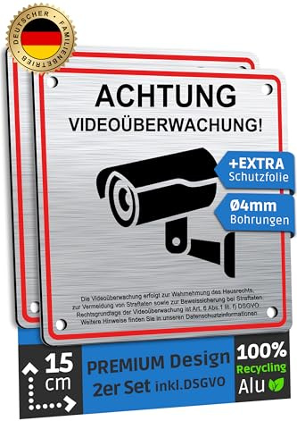 SCHILDERBOXX 2er Set Schild Videoüberwachung DSGVO 15x15cm, 100% Alu | Extra-starkes Klebeband - Achtung Videoüberwacht Privatgrundstück, Grundstück Video Überwacht, Kamera Überwachung