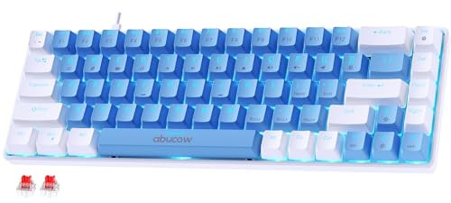 abucow Tastiera meccanica al 60% con retroilluminazione blu, tastiera da gioco a 68 tasti, tasti bianchi-azzurri, interruttori rossi per un'esperienza di digitazione e gioco premium per PC Mac